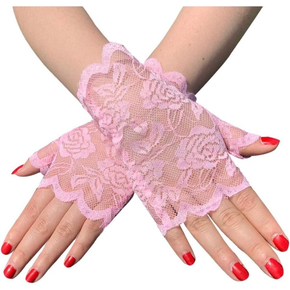 Women's Fancy Wrist Pink Short Lace Half Fingerless Gloves Wedding Party Tea